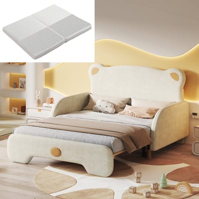 SINGULARITY-Schuifbed- kinderbed (140x100cm & 140x200cm)- slaapbank- tweepersoonsbed- fluwelen kussens- grenenhouten frame- wit + roze (met matras)- zonder matras