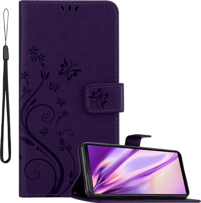 Cadorabo Hoesje geschikt voor Sony Xperia 10 III in BLOEMEN DONKER PAARS - Beschermhoes in bloemmotief met magnetische sluiting, standfunctie en kaartsleuven Book Case Cover Etui