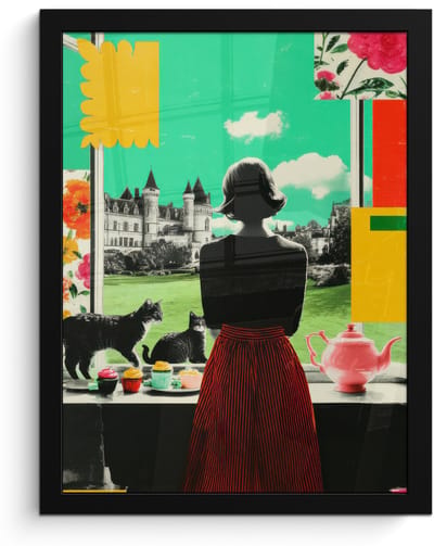 Poster in lijst - Fotolijst 30x40 cm - Posters - Vrouw - Keuken - Katten - Doorkijk - Posterlijst zwart - Decoratie - Wanddecoratie woonkamer - Muurdecoratie slaapkamer