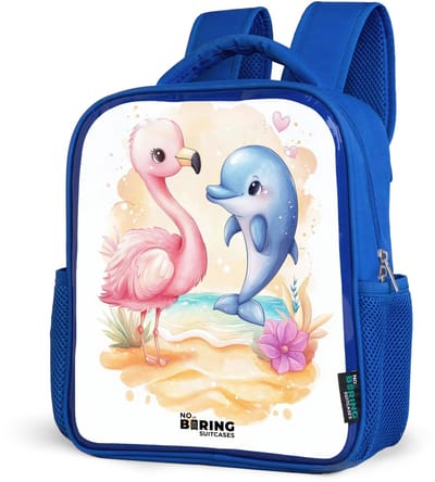 NoBoringSuitcases.com® - Rugzak blauw - Schooltas jongens - Roze flamingo en blauwe dolfijn op een strand - Kinder rugtas jongen - Boekentas kind - Kinderrugzak voor school - Schoolrugzak