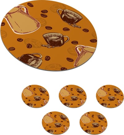 Onderzetters voor glazen - Rond - Koffie - Patronen - Koffiebonen - 10x10 cm - Glasonderzetters - 6 stuks