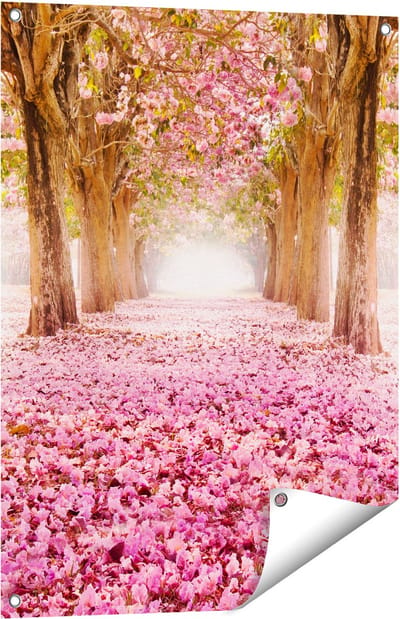Gards Tuinposter Romantische Bomen Tunnel met Roze Anjers - 60x80 cm - Tuindoek - Tuindecoratie - Wanddecoratie buiten - Tuinschilderij