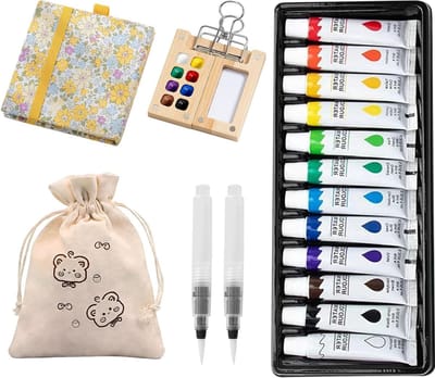 Draagbaar aquarelverf set voor onderweg, inclusief 12 kleuren, schetsboek, schilderclips en pen voor kunstenaars en studenten