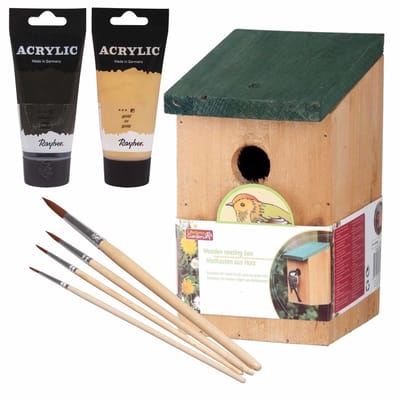 Houten vogelhuisje/nestkastje 22 cm - in het zwart/goud maken - Dhz schilderen pakket - 2x tubes verf en kwasten