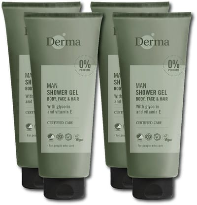 Derma Man Douchegel 3-in-1 - Voor Lichaam Gezicht en Haar - Voor Gevoelige Huid - Met Vitamine E en Glycerine- Parfumvrij - 4 x 350 ml