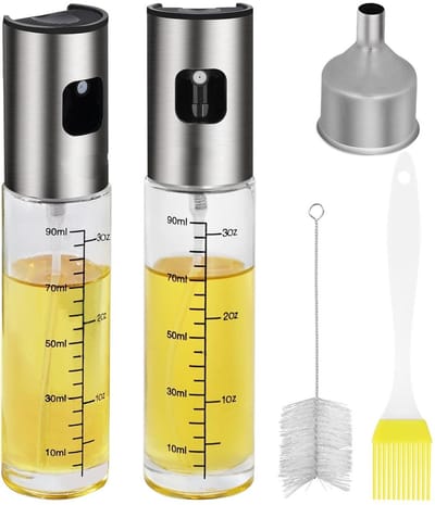 PromoHome Olie Spray Fles 2-Pack, 100ml Olijfolie Sprayer Oliesproeier, Olieverstuivers voor Koken Air Fryer Keuken, Glazen Olieverdeler Lekvrij met Grote Trechter en Reinigingsborstel