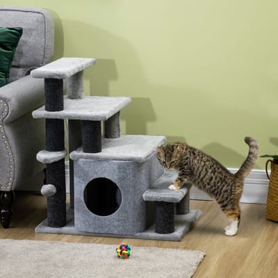 OKWISH Kattentrap Verstelbaar – 60 x 40 x 66 cm – Spaanplaat en Pluche – Grijs – Met Huisje en Speelbal