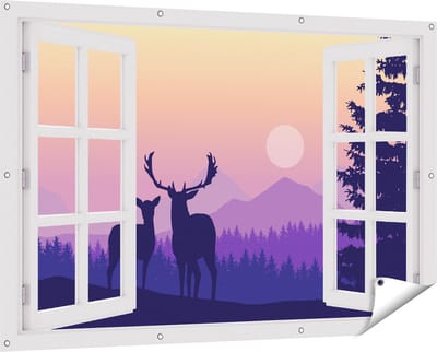Gards Tuinposter Doorkijk Twee Herten - Zonsondergang - Silhouet - 150x100 cm - Tuindoek - Tuindecoratie - Wanddecoratie buiten - Tuinschilderij