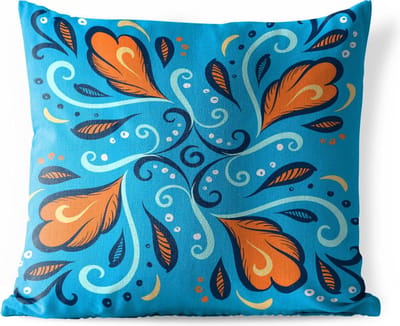 Buitenkussens - Tuin - Vierkant patroon met veren en krullende lijnen op een blauwe achtergrond - 45x45 cm