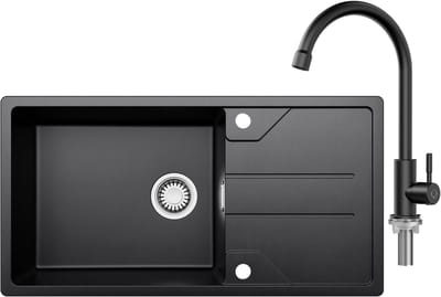 CECIPA max Spoelbak Met Kraangat - Granieten Keuken 86x45CM - Spoelbak Keuken Met Keukenkraan - Met Afdruiprek en Waterafvoersysteem - 80% Kwarts Zand Spoelbak Keuken - Zwart