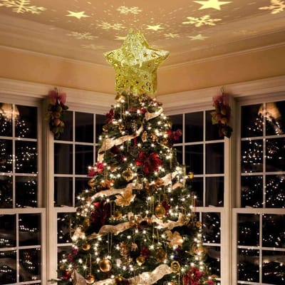 Meedeer Kerst Decoratie Kerstboom Topper-Kerstboom Topper Ster Verlicht met Ingebouwde Roterende LED-lampjes-Met Projectorlicht+5 Projectiekaart- Kerstversiering voor Kerstboom-voor Kerstmis, Feest, Binnenhuisdecoratie