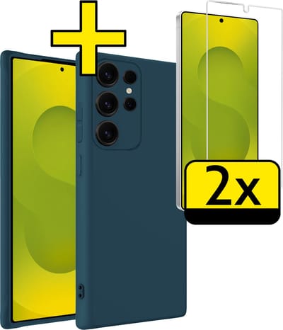 Hoesje - Met 2x Screenprotector - Geschikt voor Samsung Galaxy S25 Ultra - Sterk & Shockproof - Back Cover - Siliconen Case - Telefoon Hoes - Telefoonhoesjes - Donkerblauw