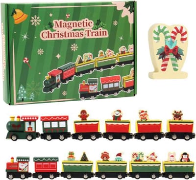 Houten Treinset - Kerst Decoratie Speelgoed - Fantasie Spelen - Magnetische Koppelingen - 30x22x6 cm - Meerkleurig