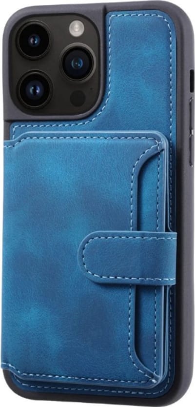 Anti Diefstal Luxe Lederen Kaarthouder Telefoonhoesje Geschikt Voor IPhone 15 Portemonnee Passen Houder Schokbestendige Achterkant Krachtige Telefoon Hoes- Blauw