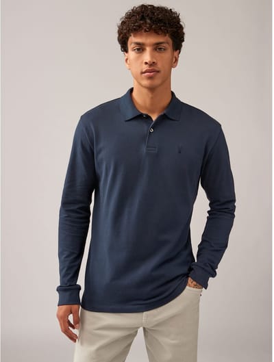 Next - Heren - Polo met lange mouwen en piquéstructuur, normale pasvorm - Blauw