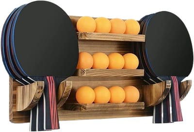 Tafeltennisbatje Houder - Racket Organizer - Sportuitrusting Opbergen - Ruimtebesparend Ontwerp - 6 Rackets 12 Ballen - Houtkleur