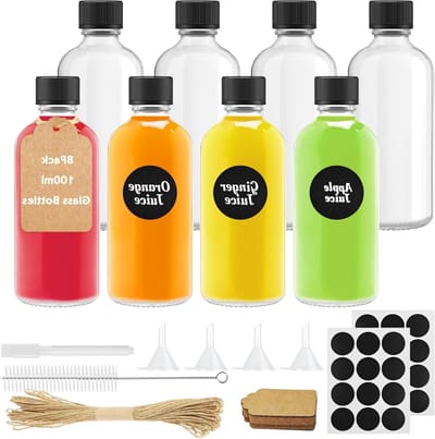 Set van 8 Glazen Flessen met Deksel, 100ml Mini Flessen voor Gember Shots, Essentiële Olie en Kruidenextracten met Trechter, Labels en Pen