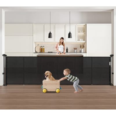 VEVOR Uitschuifbaar babyhekje (87 cm hoog uitschuifbaar tot 280 cm breed) uitschuifbaar hek voor kinderen en huisdieren, gaasmateriaal, traphekje voor binnentrappen, deuren, gangen, speelkamers, zwart