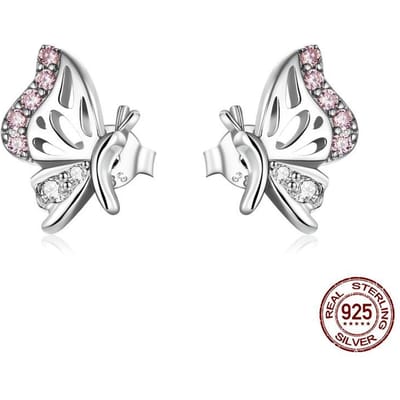 Mode Sterling Zilveren Delicate Vlinder Stud Oorbellen Eenvoudige Roze Zirkoon Holle Insect Oorbellen Oorbellen gray
