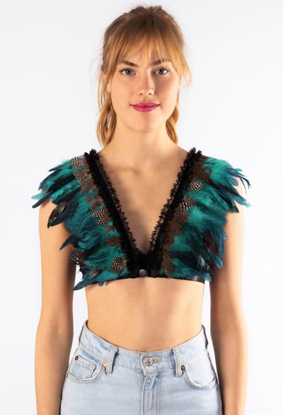 KIMU® Top met Veren Turquoise Bruin - Maat XS S M - Verentop Steampunk Topje Veertjes - Hippie Bohemian Fazantveren Sexy Zeemeermin Dames Carnaval Festival