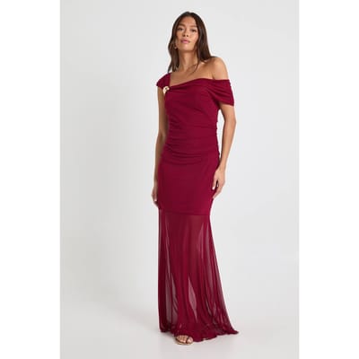 boohoo Dames Asymmetrische Mesh Maxi-Jurk met gouden rand | Burgundy | Maat: 14
