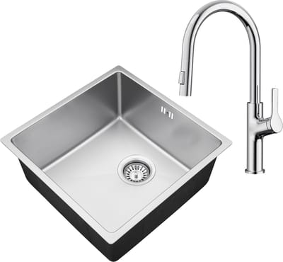 Auralum max Spoelbak RVS (44x44CM) – Spoelbak Keuken Met U-Uitloop Keukenkraan - Spoelbakken Keuken – Wasbak Keuken - RVS