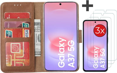 Hoesje met 3 Stuks Screenprotectors Geschikt voor Samsung Galaxy A37 – Arara bookcase met pasjeshouder - Bruin