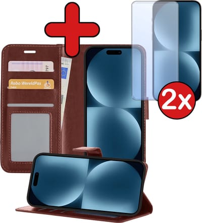 Hoesje - Met 2x Screenprotector - Geschikt voor Apple iPhone 15 - Luxe Pasjeshouder - Flip Case - Bookcase Portemonee - Kunstleer Book Case - Flipcase Hoes - Book Cover - Walletcase - Portemonneehoes - Telefoonhoes - Bruin