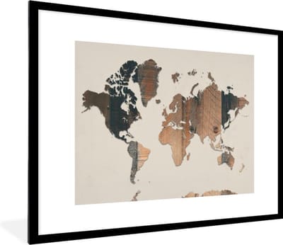 Poster in lijst - Fotolijst 80x60 cm - Posters - Wereldkaart - Hout - Plank - Posterlijst zwart - Decoratie - Wanddecoratie woonkamer - Muurdecoratie slaapkamer
