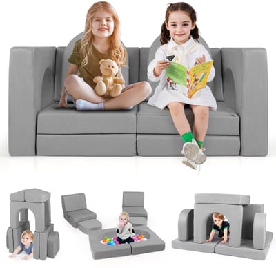 COSTWAY Kinderbank, 8-delig, speelbank van schuimrubber, bouwstenen met comfortabele suède, modulaire speelbank voor kinderen om te spelen, grijs