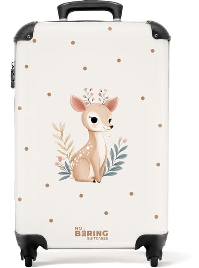 NoBoringSuitcases.com® - Kinderkoffer - Kindertrolley jongen en meisje - Hertje met planten in een veld vol stippen - Handbagage koffer lichtgewicht - Reiskoffer trolley kinderen - Rolkoffer met wieltjes - Past binnen 55x40x20 en 55x35x25