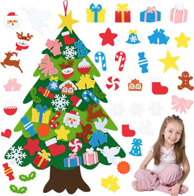 NAIZY Vilten Kerstboom voor Kinderen 100 cm DIY Vilt Kerstboom Set met 36 Ornamenten Hangende Vilt Boom Kerstknutselwerkje voor aan de Muur, Kerstdecoratie Kerstversiering, Type C