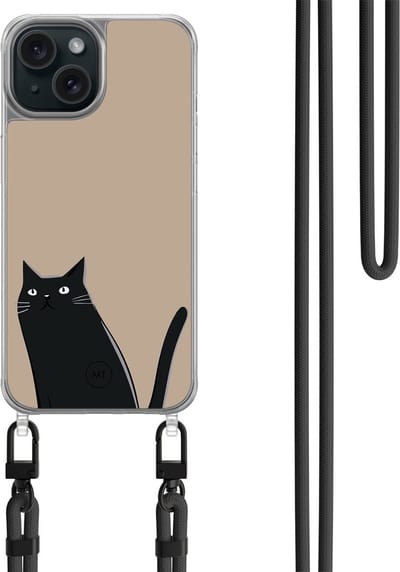Hoesje met koord geschikt voor iPhone 13 - Purrflectly - Inclusief zwart koord - Crossbody beschermhoes - Transparant, Zwart, Beige - Mooie Telefoonhoesjes