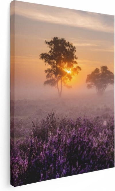 Artaza Canvas Schilderij Zonsondergang - 30x40 cm - Klein - Wanddecoratie Heide - Muurdecoratie Landschap - Kamer Accessoires Bomen Mist