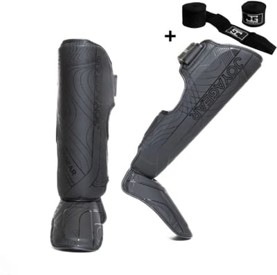 Joya ESSENTIAL Scheenbeschermers – Zwart/Zwart – Maat S – Kickboksen/Muay Thai/MMA – Ergonomische pasvorm, schokabsorberende padding – Inclusief Bandage