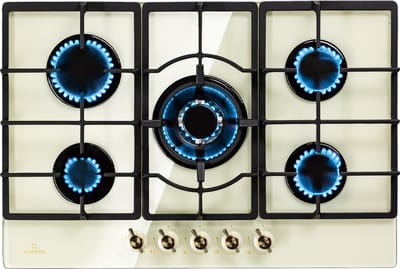 Klarstein Gaskookplaat Victoria Inbouw, Sabaf-branders, Aardgas/Propaan, Veiligheidsventielen, Automatische Uitschakeling, Gietijzeren Pannendragers, Glaskeramiek retro-look, 5-pits, Wit,6 kW 51 cm - elektrische Ontsteking - Gas Hob