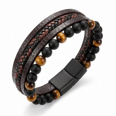 Lundholm Björn Armband Heren Bruin Zwart – Luxe Kunst leren Armband met Tijgeroog Kralen Mannen Armband Kralenarmband Meer laags – 21 cm – Mannen Cadeautjes - Scandinavisch Design