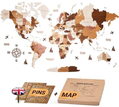 Grote 3D Houten Wereldkaart Wanddecoratie met Pins | Decoratieve Muurbevestiging zonder Gereedschap | Perfect Cadeau voor Reizigers