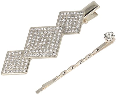 Haarsoires Haarspeld Duckklem & Schuifspeldje 6cm – Ruitvorm – Strass Glitter Steentjes – Zilver – Set van 2 - Sterke Haarclip voor Styling & Dagelijks Gebruik - Hair Clip - Decoratieve Haaraccessoire