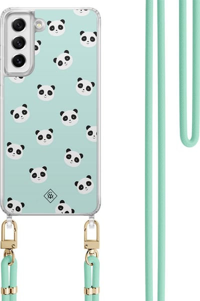 Casimoda® hoesje met koord - Geschikt voor Samsung S21 FE - Panda Print - Afneembaar koord - TPU/polycarbonaat - Mint
