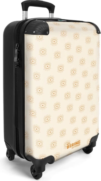 NoBoringSuitcases.com® - Handbagage koffer lichtgewicht - Reiskoffer trolley - Beige met bohemian oog patroon - Reis rolkoffer met wieltjes - Cabin koffertje klein - Carryon valies - Harde bagagekoffer - Past binnen 55x40x20 en 55x35x25