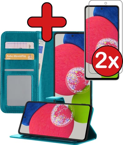 Hoesje - Met 2x Screenprotector - Geschikt voor Samsung Galaxy A52s 5G - Luxe Pasjeshouder - Flip Case - Bookcase Portemonee - Kunstleer Book Case - Flipcase Hoes - Book Cover - Walletcase - Portemonneehoes - Telefoonhoes - Turquoise