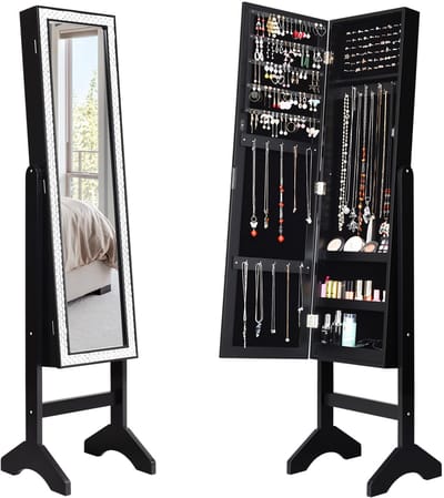 COSTWAY Vrijstaande sieradenkast met spiegel, spiegelkast met verstelbare hoek, glinsterend frame, staande spiegel, sieradenrek, volledige lichaamsspiegel voor alle soorten sieraden
