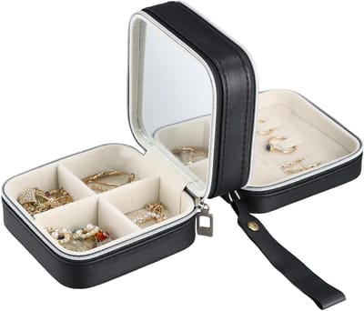 Draagbare sieradenbox van PU-leer, dubbel laags en waterdicht - Ideale organizer voor ringen, oorbellen en kleine kettingen in zwart