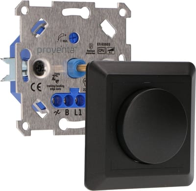 Proventa Premium Inbouw Dimmer voor LED, Halogeen en Gloeilampen - Auto Fase Aansnijding Faseafsnijding, 3-250W - Universeel, Overbelasting & Oververhitting Beveiligd - Inclusief Zwart Afdekraam - Geschikt voor 2-Draads Systemen - Dimmers