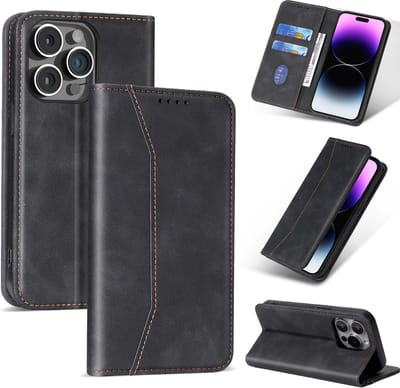 Nuvex Hoesje met Pasjeshouder Geschikt voor iPhone 14 Pro Max Zwart Telefoonhoesje - Anti-Shock Bookcase Cover met 1x Screenprotector - Wallet Case