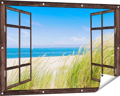 Gards Tuinposter Doorkijk Strand en Zee met een Zeilboot - 120x80 cm - Tuindoek - Tuindecoratie - Wanddecoratie buiten - Tuinschilderij