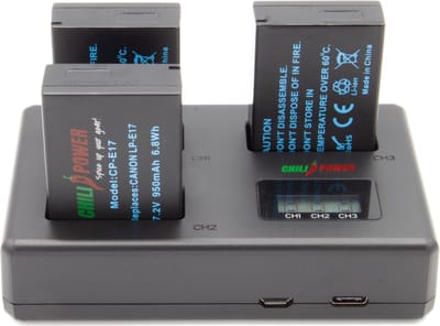 ChiliPower Accu LP-E17 Kit Deluxe geschikt voor Canon - 3 accu's + Triple lader, voor het laden van 3 accu's