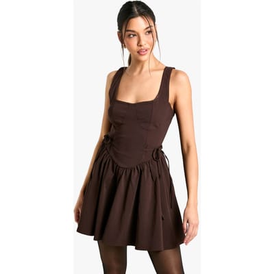 boohoo Dames Tie Waist Skater Mini Jurk | Chocoladebruin | Maat: 36