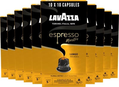 Lavazza Espresso Lungo Koffiecups - 100 Nespresso Cups - 100% Arabica Koffie - Intensiteit: 5/13 - 10 x 10 Aluminium Capsules